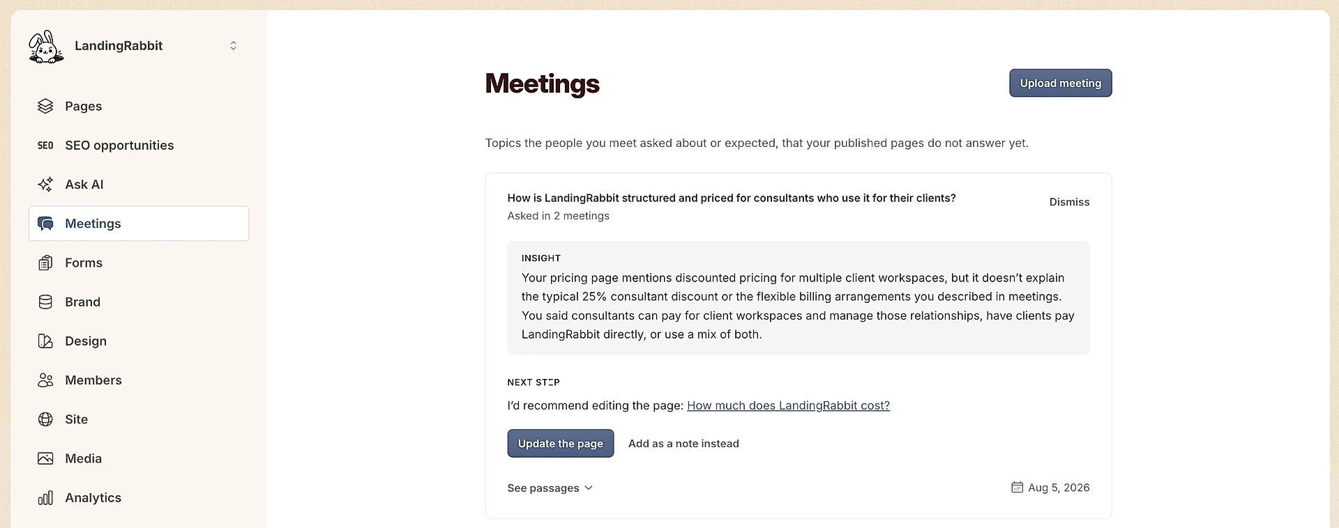 LandingRabbit Meetings tab with a suggested content update