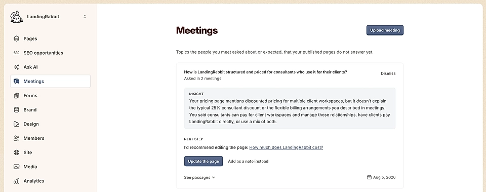 LandingRabbit Meetings tab with a suggested content update