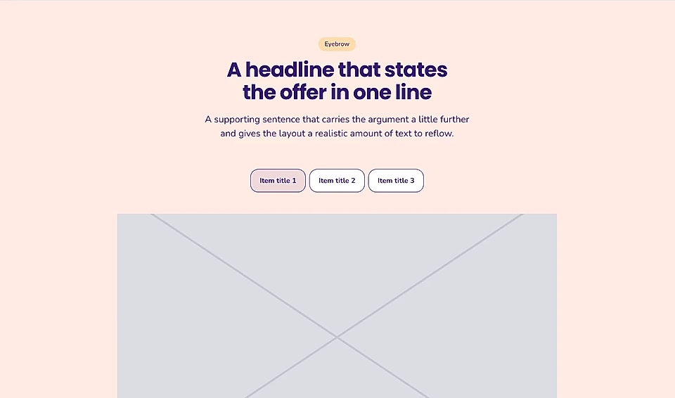 Landing page mockup with a centered headline, supporting text, three pill buttons, and a large image placeholder.