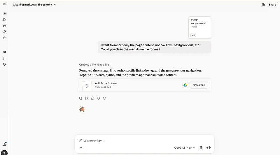 Markdown file cleanup request and generated cleaned article.md download in Claude