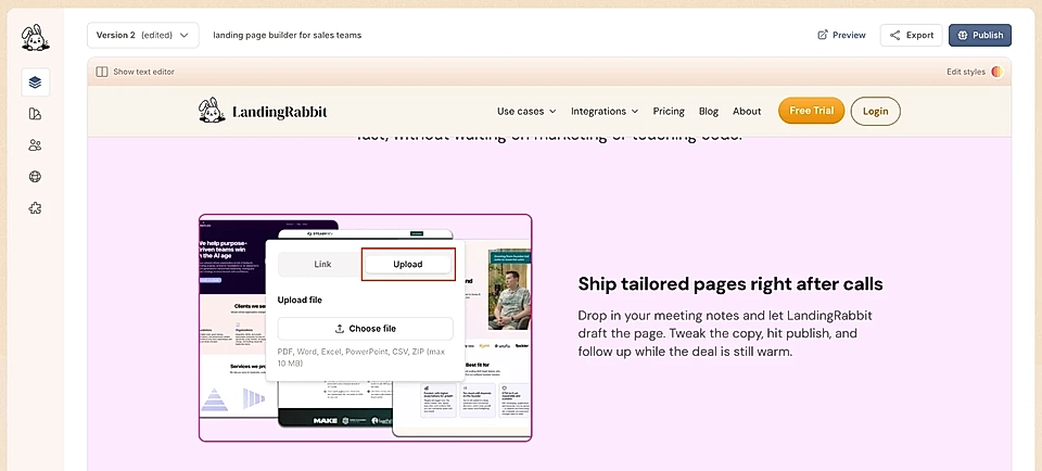 Screenshot of LandingRabbit's interface showing the 'Upload' option for file uploads