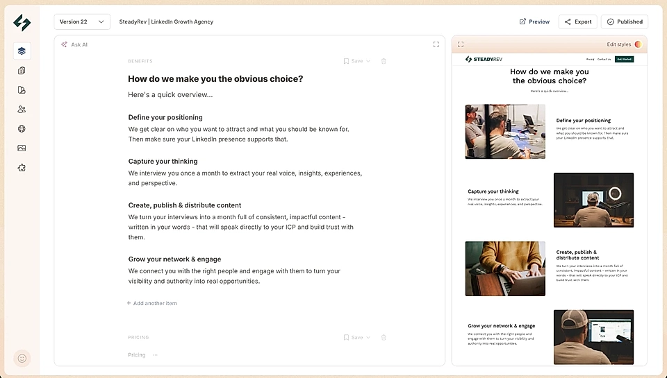 LandingRabbit page editor showing LinkedRev LinkedIn growth agency page with content blocks and page preview