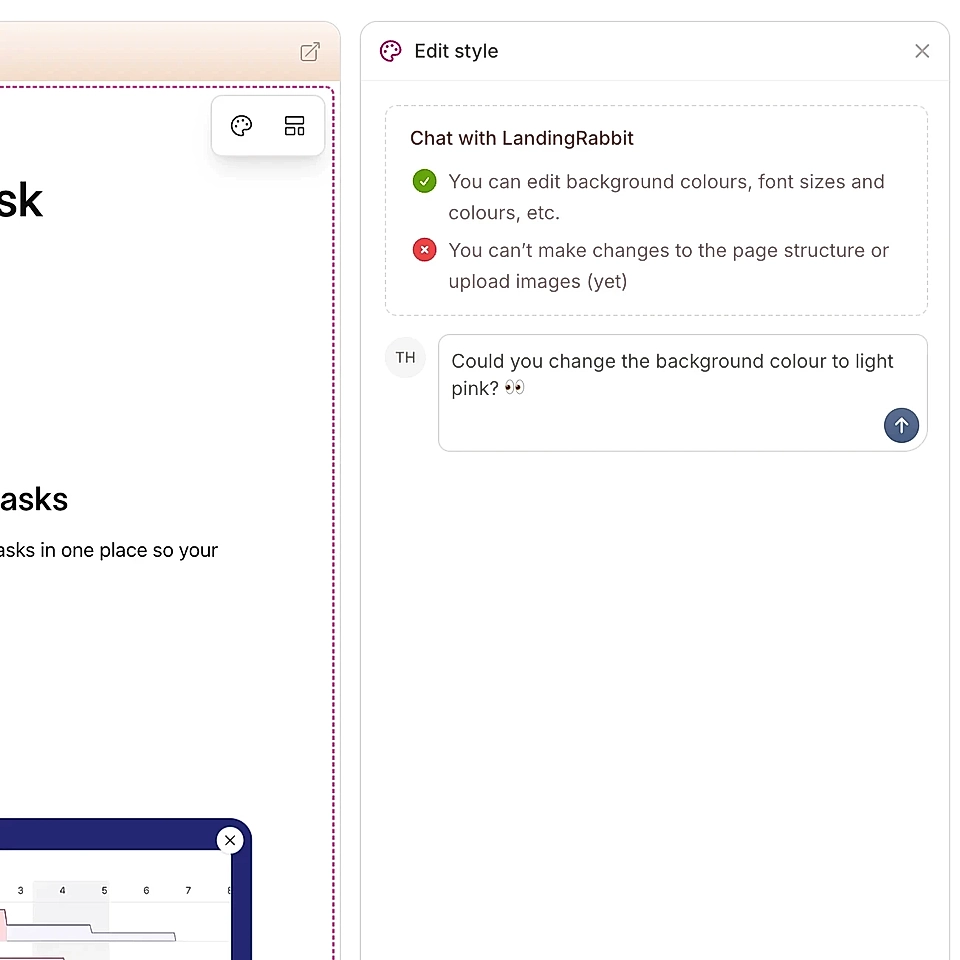 Screenshot of a chat interface discussing editing background color in LandingRabbit