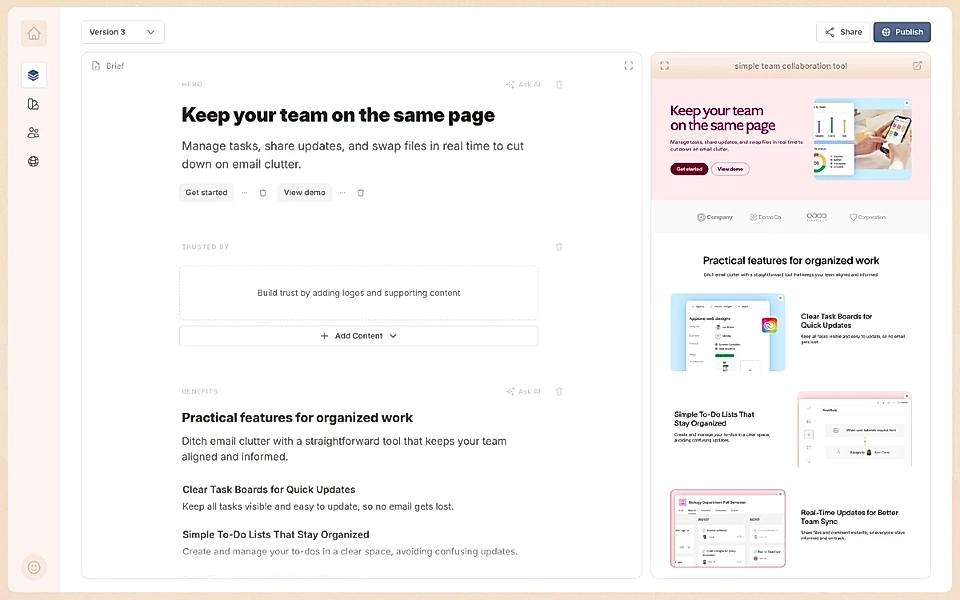 Website builder interface showing a team collaboration landing page editor with live mobile preview