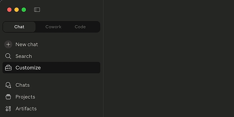 Dark-themed application interface showing a menu with options like Chat, Customize, Search, and Projects.