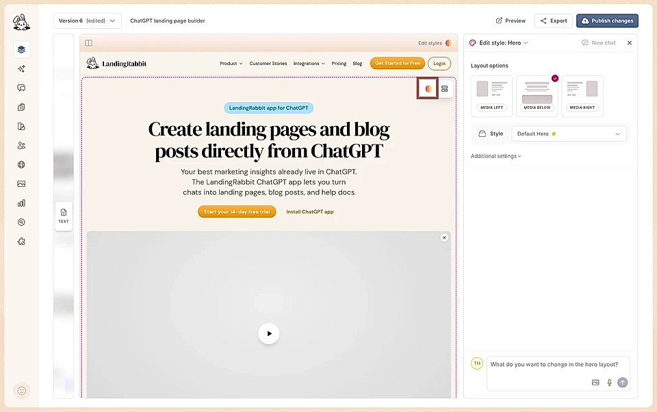 Click the Edit styles icon on top of the page preview to change section's design and look & feel