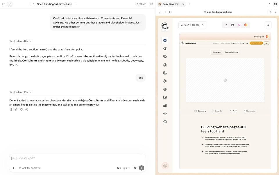 Adding a new section via a WebMCP and ChatGPT app for desktop