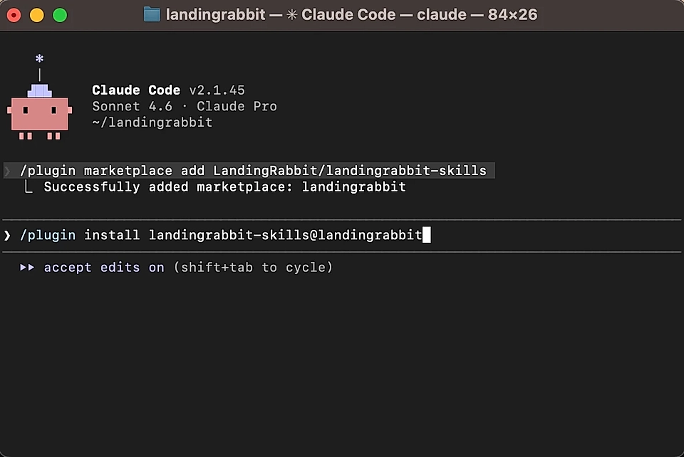 Screenshot of Claude Code interface showing plugin commands for adding and installing LandingRabbit marketplace skills.