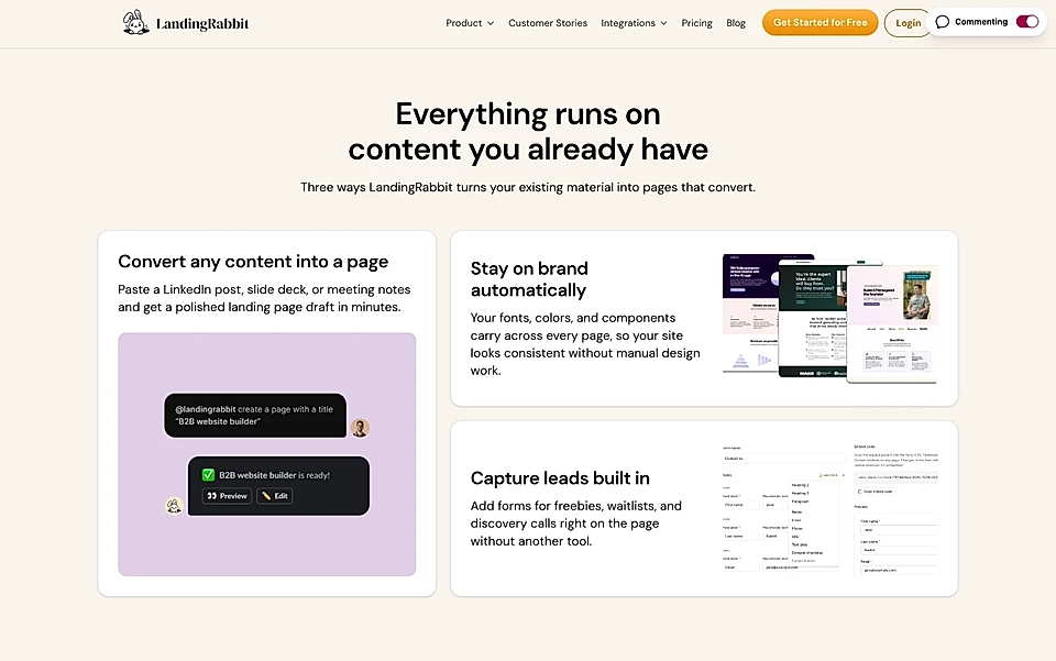 LandingRabbit website section showing three features: content-to-page conversion, brand consistency, and lead capture