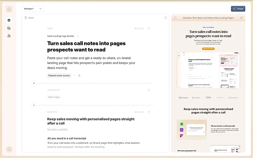 A landing page content editor