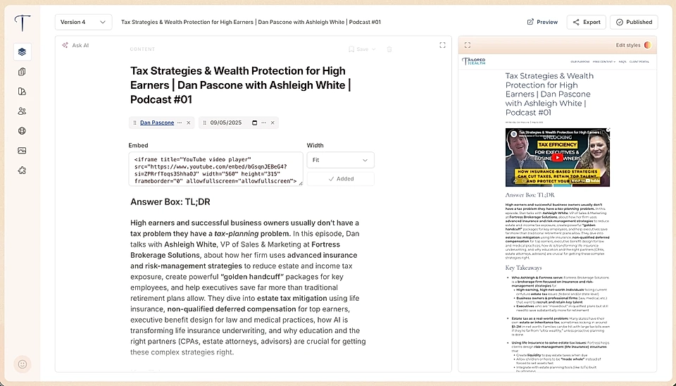 LandingRabbit's article editing view for Tailored Wealth