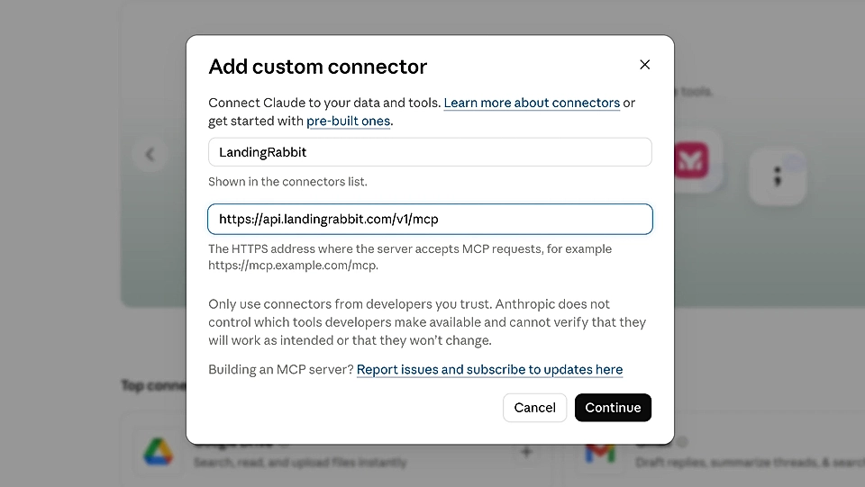 Modal dialog to add a custom connector in Claude with name and URL fields