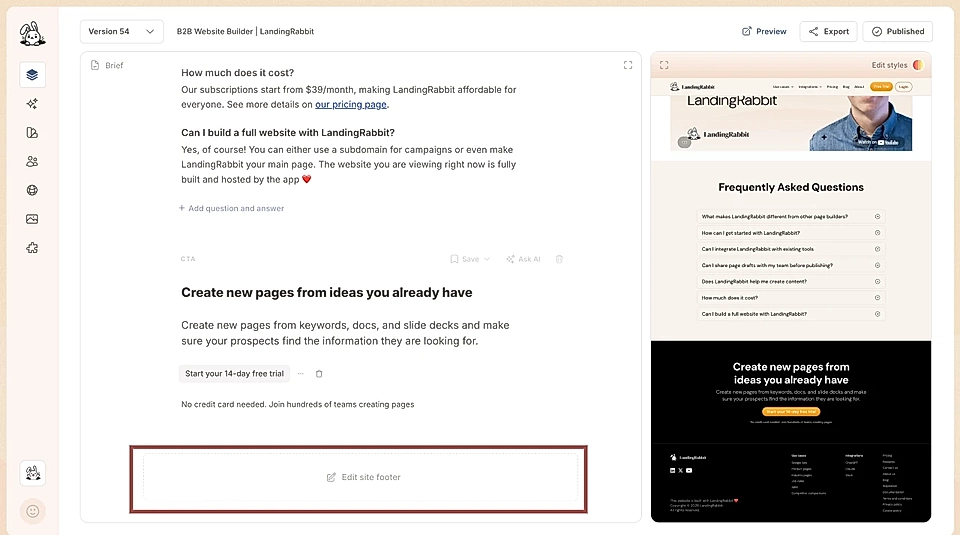 LandingRabbit site footer editing toolbar