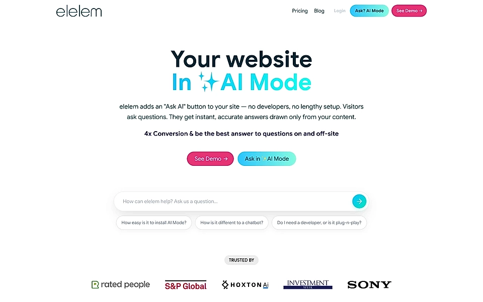 Homepage of elelem AI Mode website with headline, demo buttons, question bar, and trusted-by brand logos.