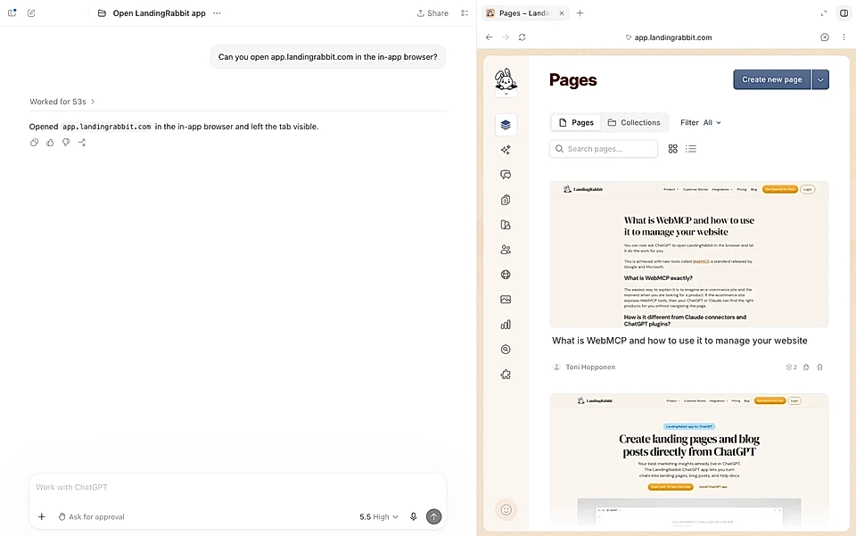 ChatGPT desktop app with the LandingRabbit Pages dashboard in a browser on the right.