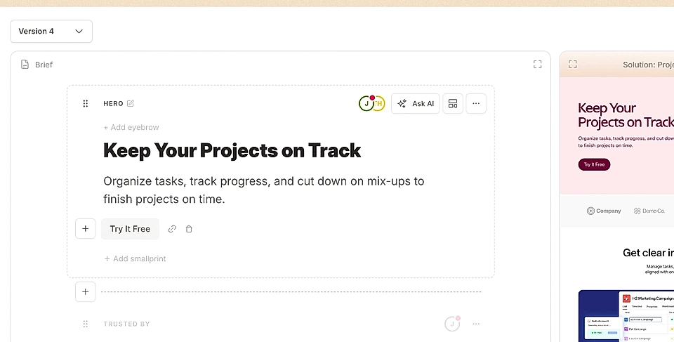 An example page with comments and feedback on design and text and visible in the text editor