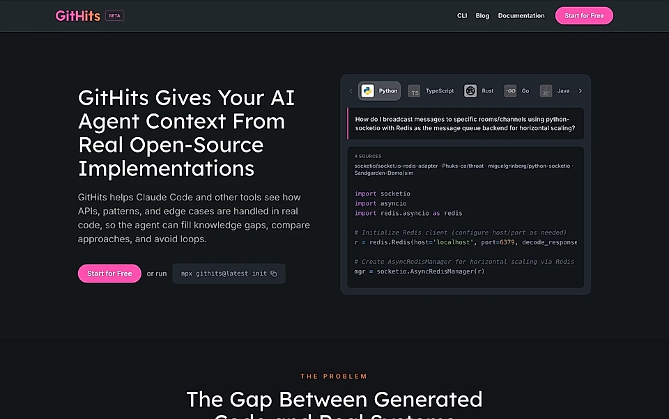 GitHits landing page showing AI code context from open-source implementations with start free button and code snippet demo