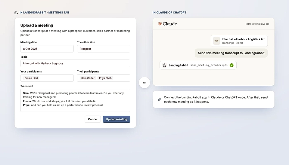 Send your meeting transcripts to LandingRabbit via the Meetings tab and Claude/ChatGPT
