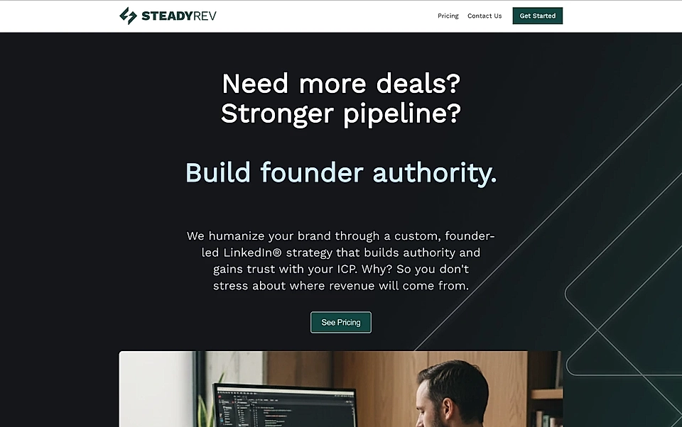SteadyRev landing page hero with headline, navigation, pricing CTA, and founder-led LinkedIn strategy messaging