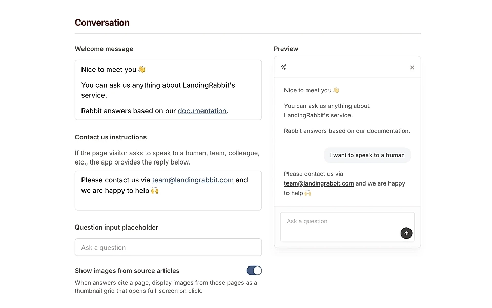 The Ask AI chat widget settings: intro message, contact us message, and chat box input