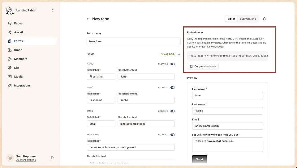 LandingRabbit form builder interface with embed code