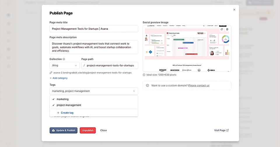 Screenshot of a LandingRabbit 'Publish Page' interface with tags dropdown open