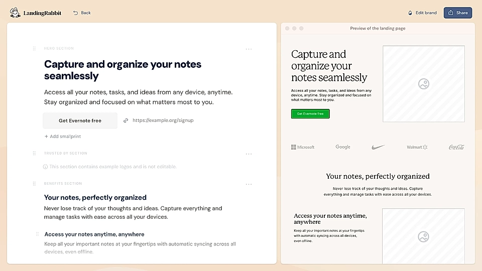 A landing page editor in LandingRabbit