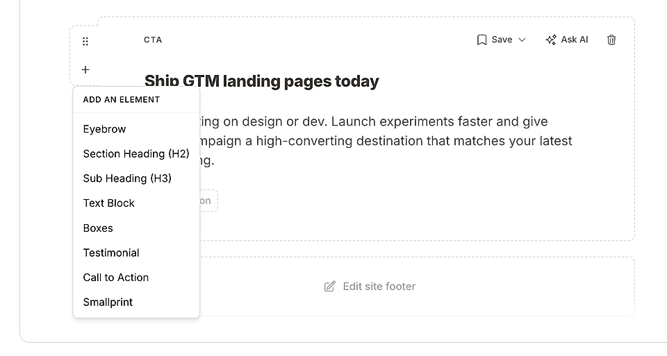 Screenshot of LandingRabbit CTA section page editor interface showing options to add elements like headings, text blocks, and call to action.
