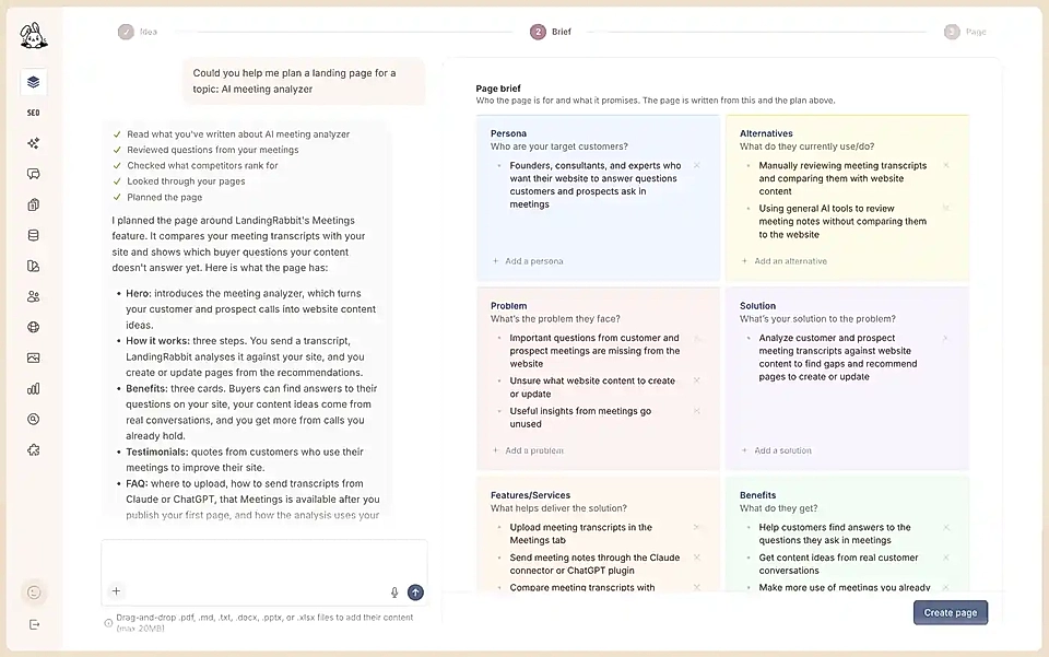 LandingRabbit page brief in the page plan