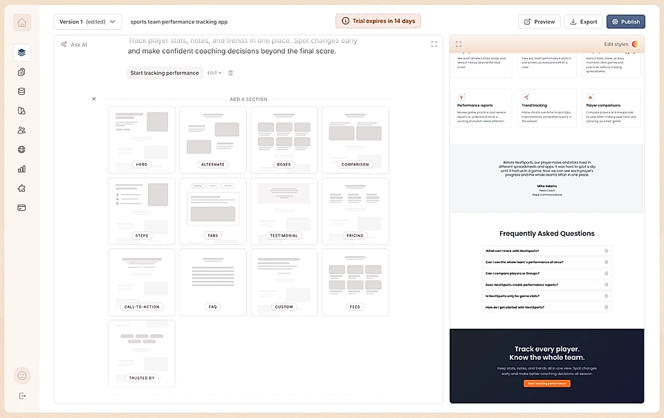 Adding a new section to your page in the text editor
