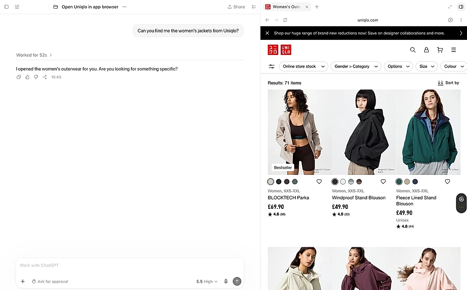 ChatGPT app and Uniqlo women’s outerwear product listing page