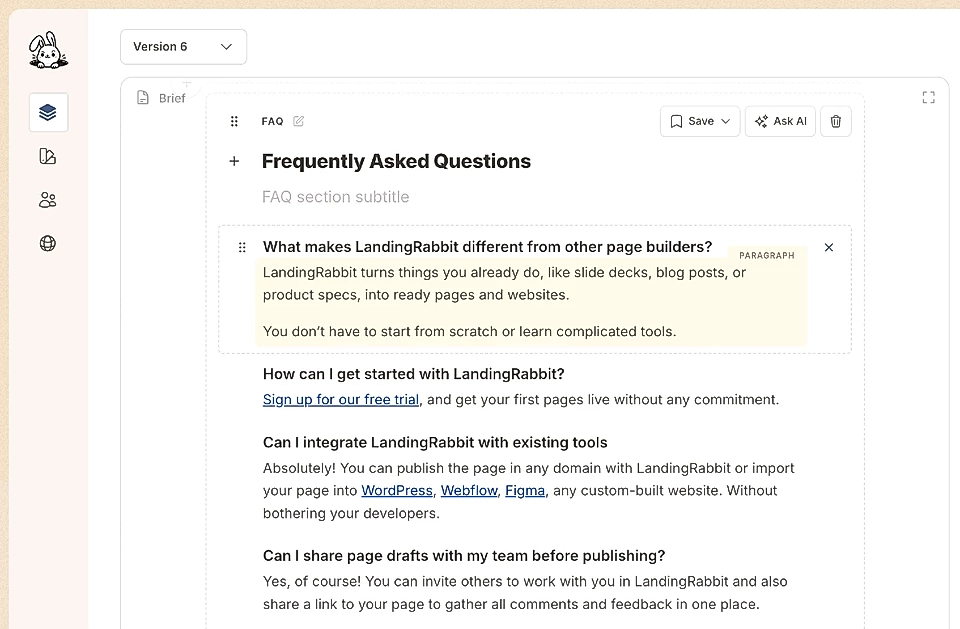 Screenshot of a FAQ section editor in LandingRabbit, showing header editing and listing four questions and answers