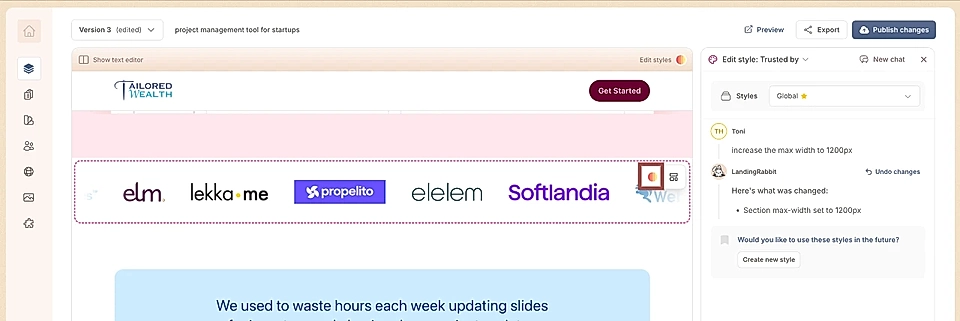 A Trusted By section and edit styles with AI chat example