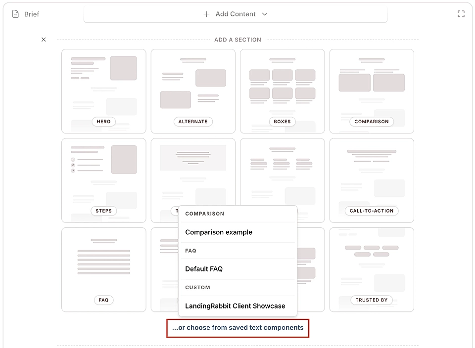 A screenshot from LandingRabbit user interface displaying various section layouts for content creation, including options like Hero, FAQ, and Comparison.
