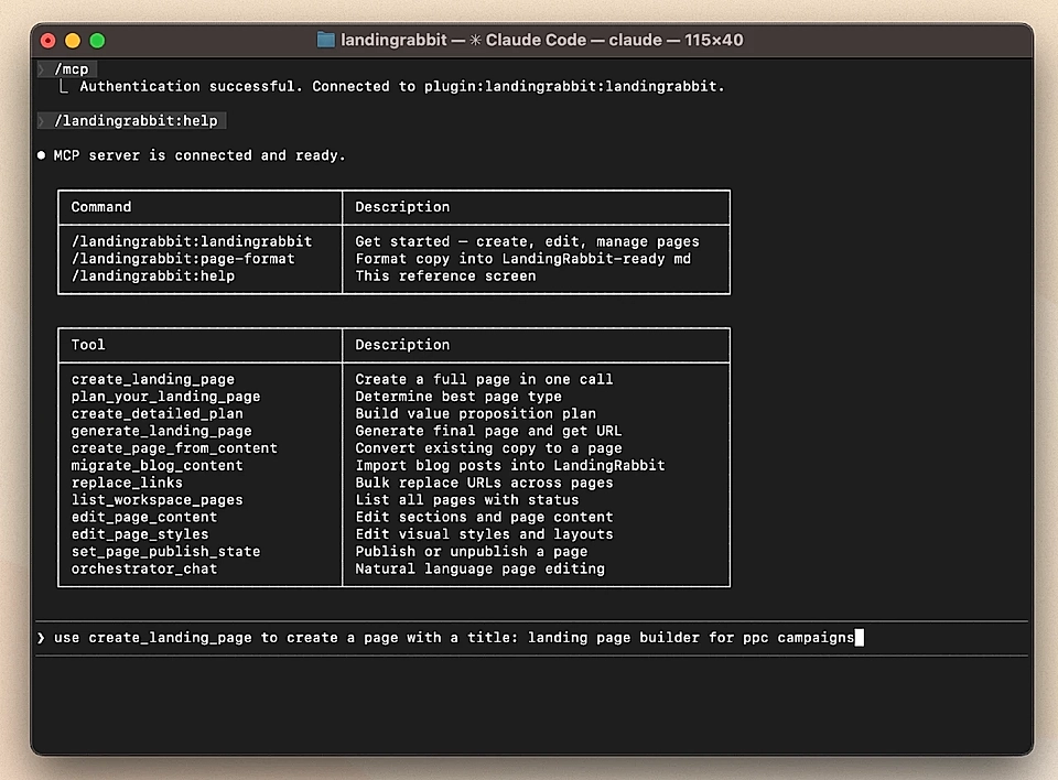 Screenshot of a code interface for the LandingRabbit tool, displaying commands and descriptions for creating landing pages.