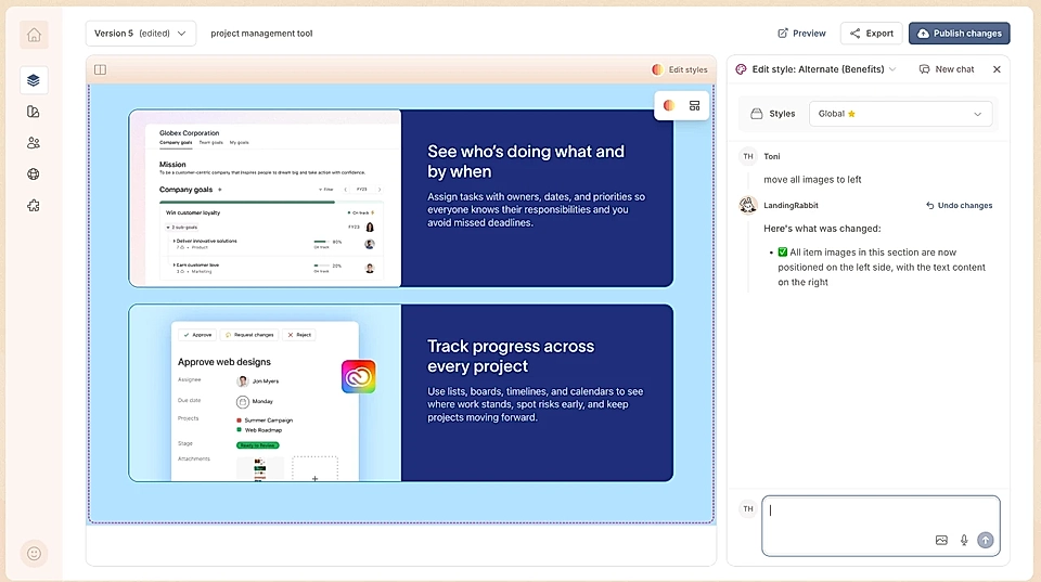 Screenshot of the LandingRabbit dashboard and editing styles to show Alternate items on one side
