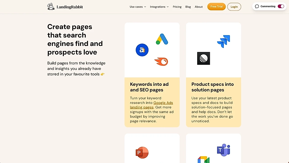 Screenshot of LandingRabbit website, showcasing features for creating SEO-optimized landing pages and ads.