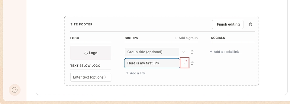 Screenshot of LandingRabbit footer editing interface with options for logo, text, groups, and social links.