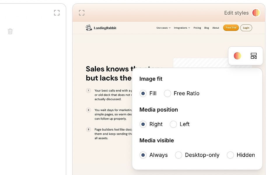 Screenshot of LandingRabbit's website editing interface with options for image fit, media position, and visibility.