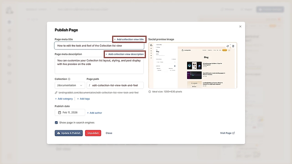 Publish Page modal with links to add fields to edit the collection list view title and description