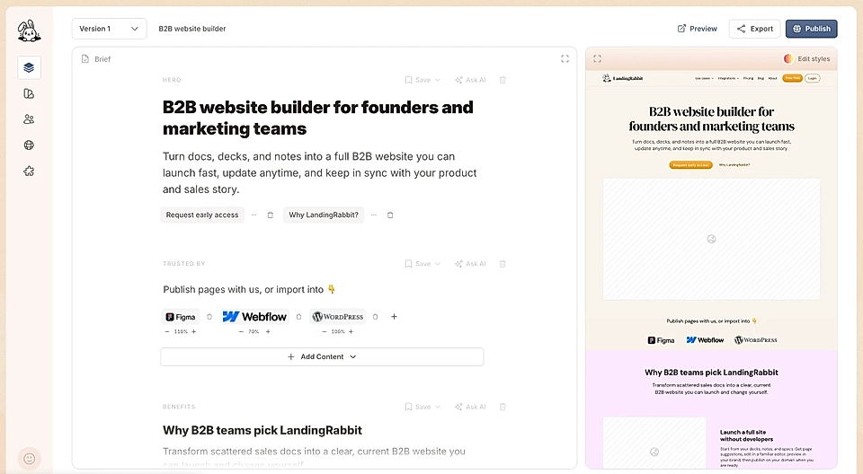 Screenshot of a B2B website builder interface, showcasing features like page publishing and design options.