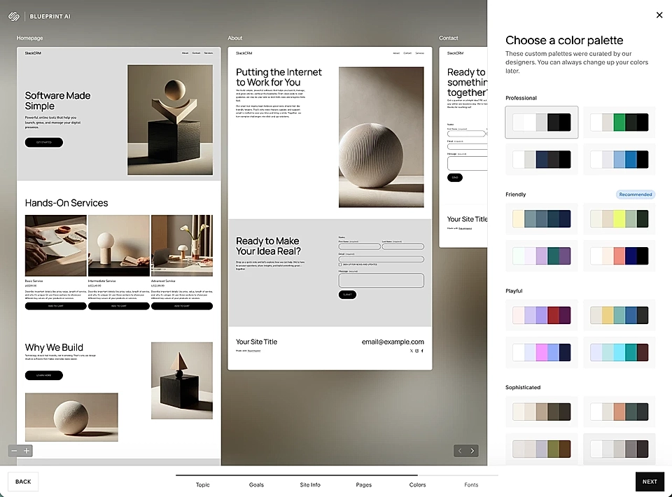 Squarespace website builder screen showing color palette selection with website mockup previews and navigation steps.