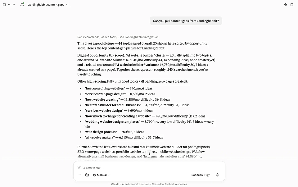 An example chat in Claude, showing a content-gap analysis list for LandingRabbit's SEO data and opportunities