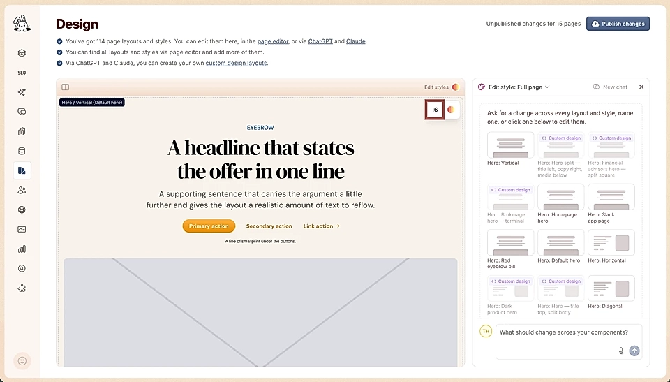 Design tab showing how many pages currently share a specific Layout and Style