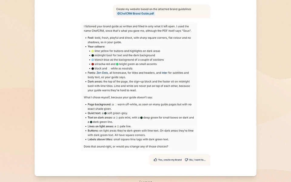 Chat interface showing a brand guide response with bullet-point design notes and action buttons.