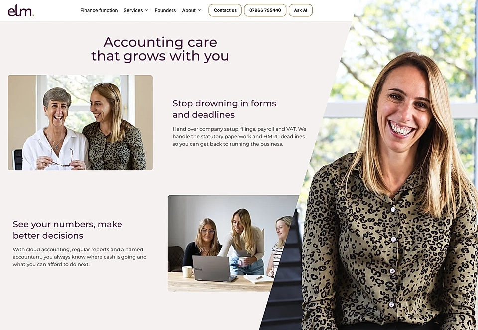Accounting services website homepage with navigation, headline text, and team photos