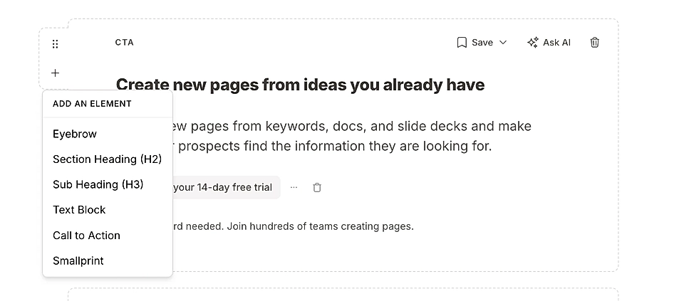 LandingRabbit CTA section editor with options for adding elements like headings, text blocks, and calls to action.