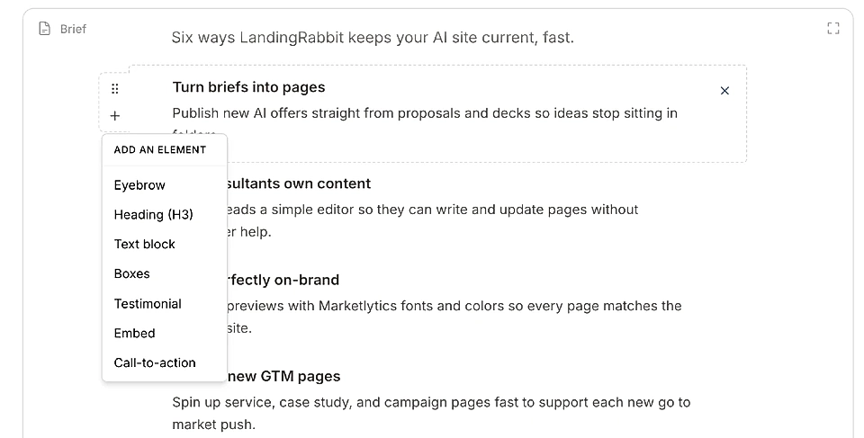 Interface screenshot of LandingRabbit showing options to add content elements like headings, text blocks, and CTAs to Boxes section item