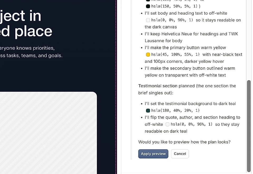 LandingRabbit's Edit styles chat and the rebrand tool: Apply preview