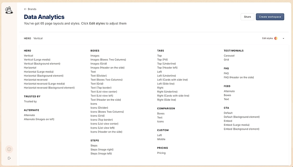A list of website components in the agency view
